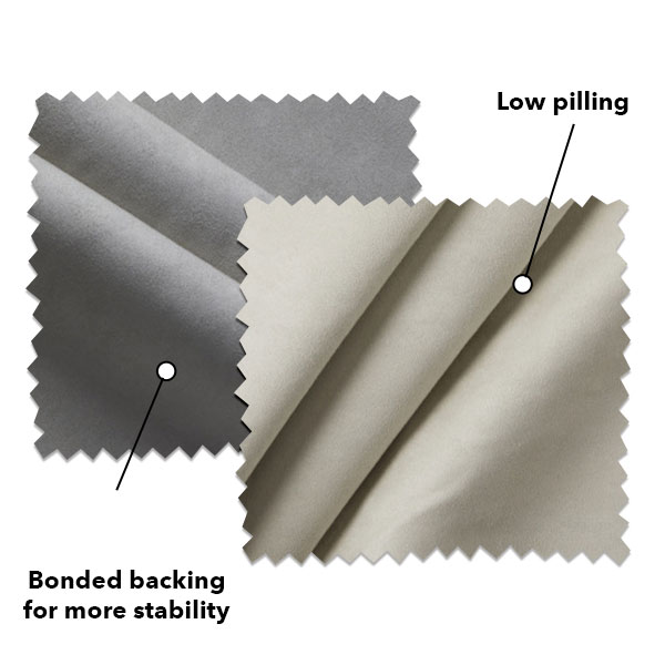 Faux Suede are low pilling fabrics with bonded backing for more stability