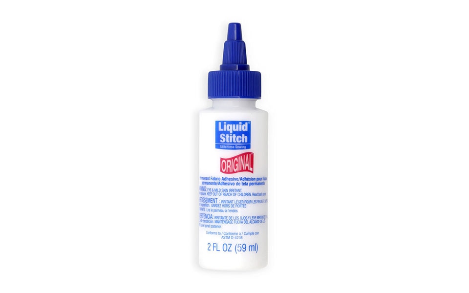 dritz liquid stitch in a white container with a blue lid