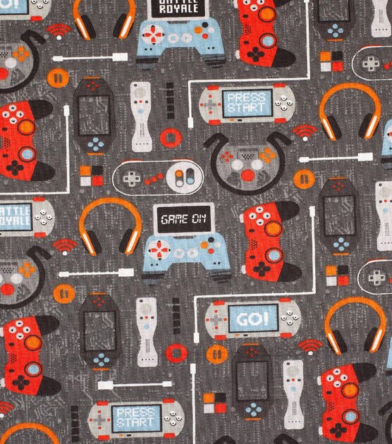 Novelty Cotton Fabric Game on Gray