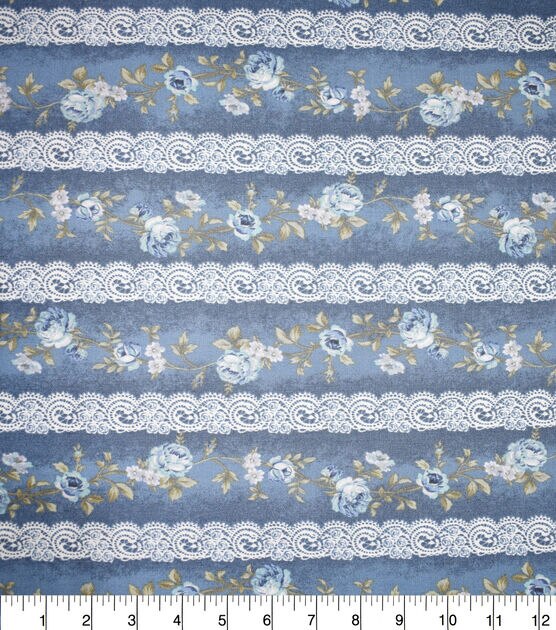 Floral Lace Stripe Blue Metallic Premium Cotton Vintage Fabric