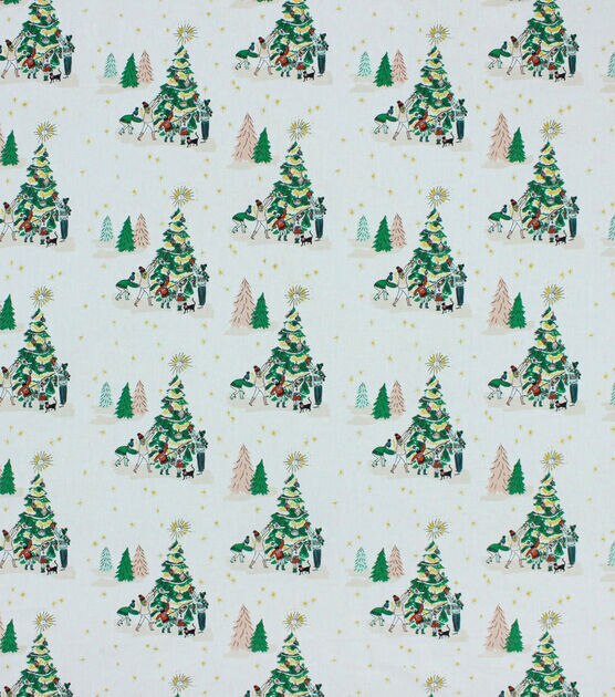 Decorating the Trees on White Christmas Metallic Cotton Fabric