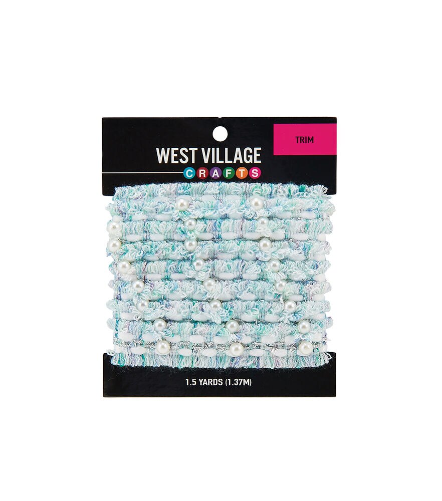 West Village Crafts Sew on Tweed Trim with Pearls 1.25", Blue, swatch, image 1