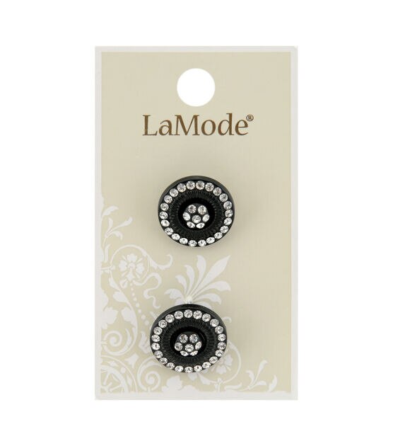 La Mode 11/16" Black Shank Buttons With Clear Rhinestones 2pk