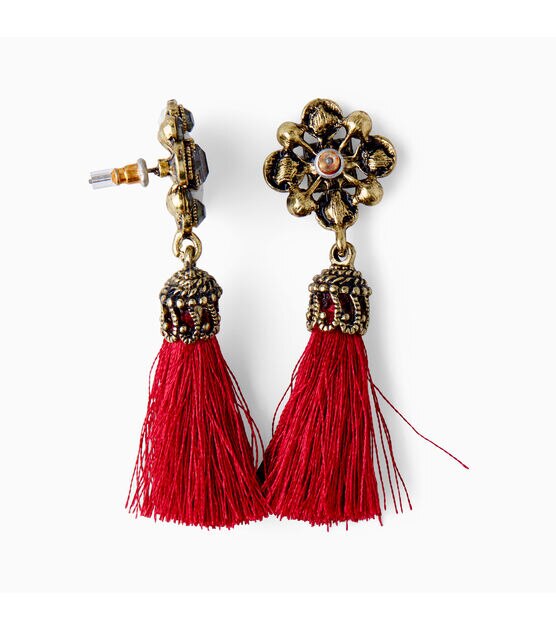 Antique Gold & Red Tassel Dangle Earrings by hildie & jo, , hi-res, image 3