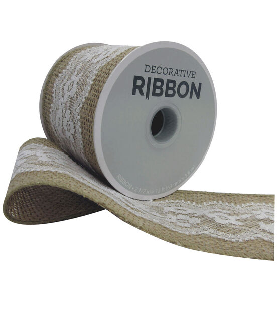 Decorative Ribbon 2.5''x12' Lace on Burlap White