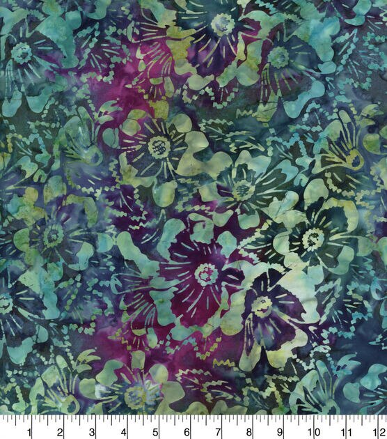 Large Floral Purple Green Red Batik Cotton Fabric, , hi-res, image 2