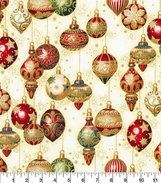Robert Kaufman Ornaments on Cream Christmas Metallic Cotton Fabric, , hi-res, image 2