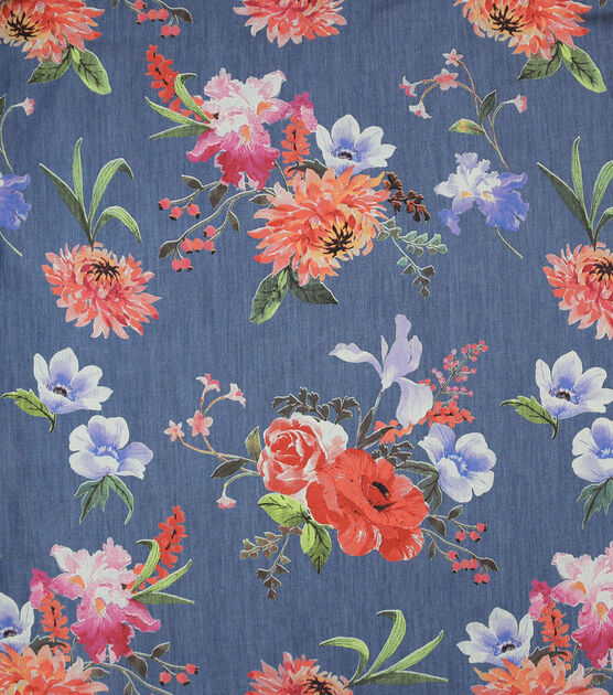 Blue Mum & Iris Floral Cotton Denim Fabric, , hi-res, image 2