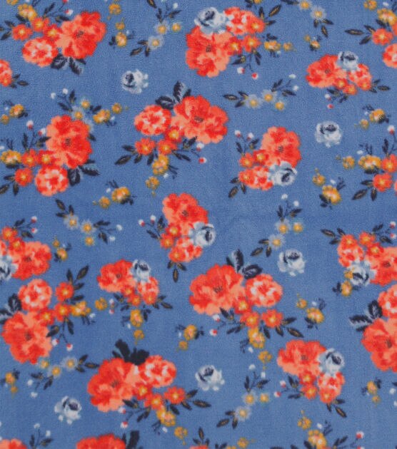 Red Flowers on Blue Anti Pill Fleece Fabric, , hi-res, image 1