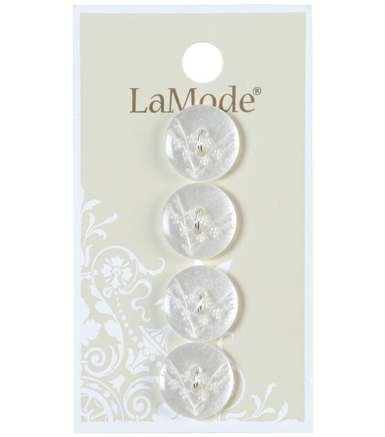 La Mode 5/8" White Etched Flowers 2 Hole Buttons 4pk