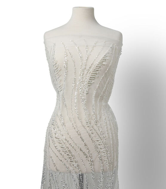 Badgley Mischka White Pearl Sequin Beaded Mesh Fabric, , hi-res, image 8