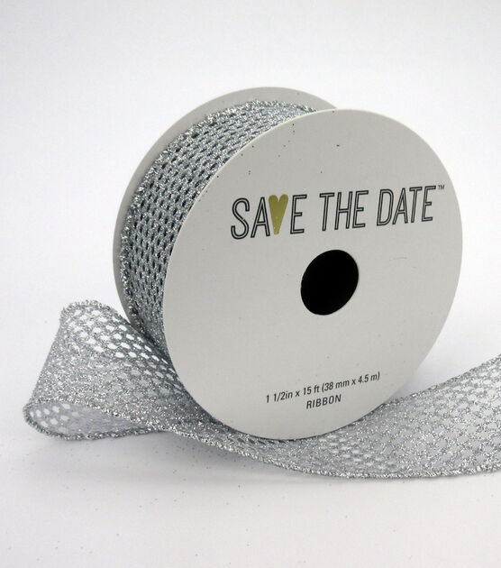 Save the Date 1.5" x 15' Silver Textured Glitter Ribbon