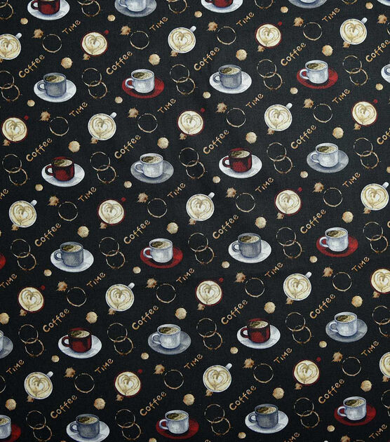 Coffee Time On Black Novelty Print Fabric