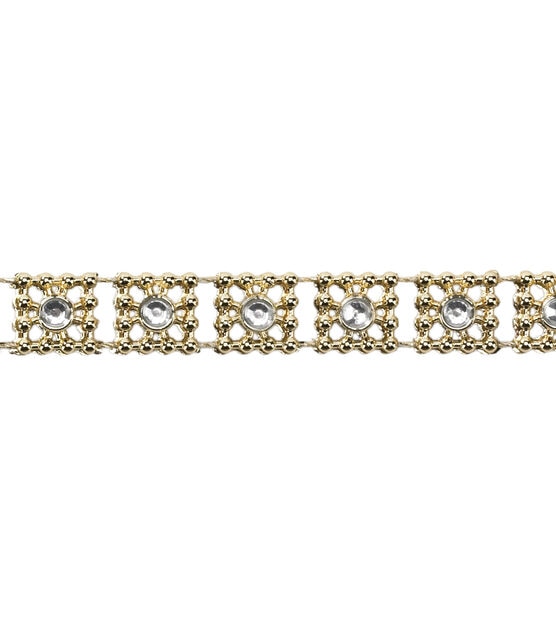 Simplicity Square Apparel Trim with Clear Rhinestones 0.38'' Gold & Silver
