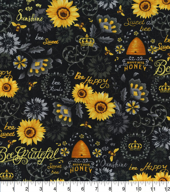 Hi Fashion Queen Bee And Sunflowers Black Premium Print Cotton Fabric, , hi-res, image 2
