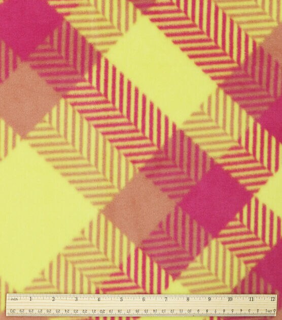 Yellow & Pink Diagonal Plaid Anti Pill Fleece Fabric, , hi-res, image 3