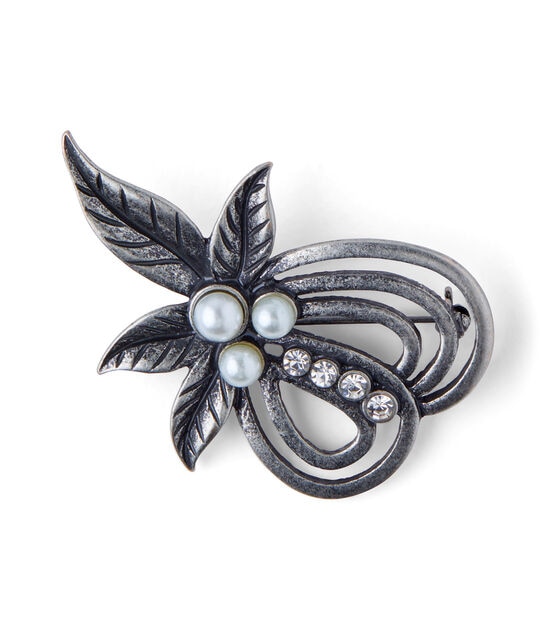 2" Antique Silver Pearl & Crystal Leaf Pin by hildie & jo, , hi-res, image 2