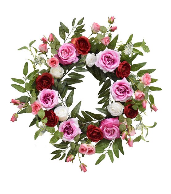 21" Spring Pink & Red Rose & Eucalyptus Wreath by Bloom Room