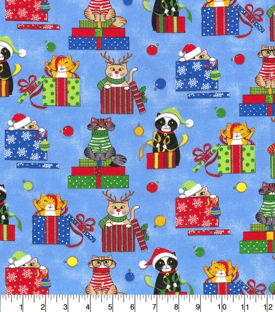 Fabric Traditions Cats With Presents on Blue Christmas Cotton Fabric