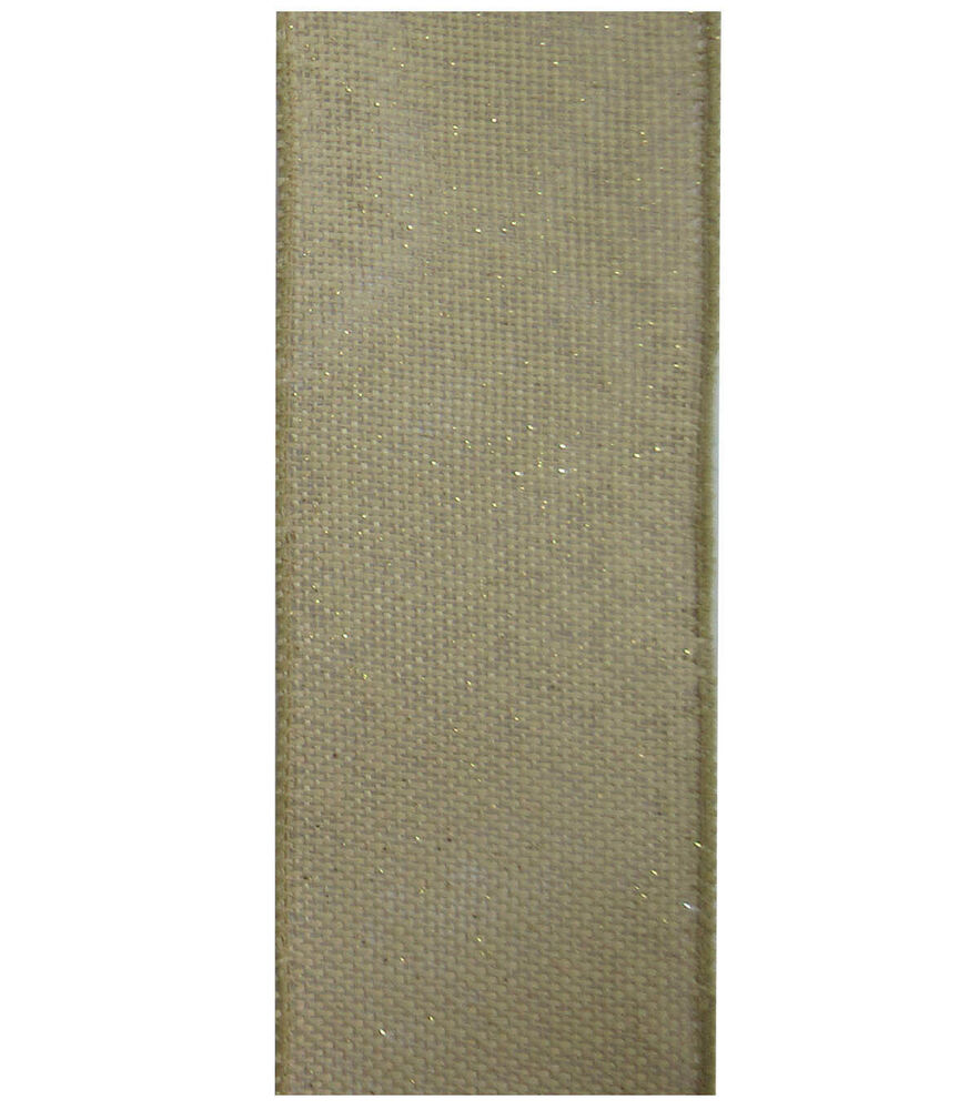 Offray 2.5" x 12' Natural Burlap Ribbon With Metallic Overlay, Gold Overlay, swatch, image 1