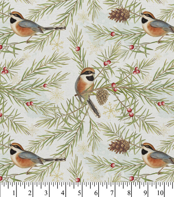 Chickadee on Pine Branches Christmas Cotton Fabric