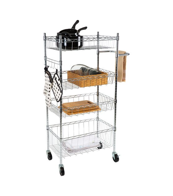 Organize It All 47" Silver 4 Tier Rolling Utility Cart With Baskets, , hi-res, image 2