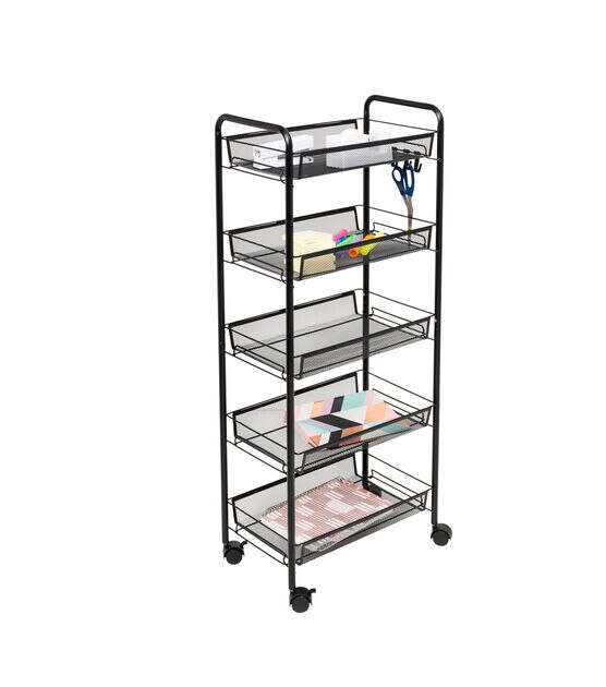 Honey Can Do 17.5" x 41" Black 5 Tier Storage Cart With 4 Hooks & Wheels
