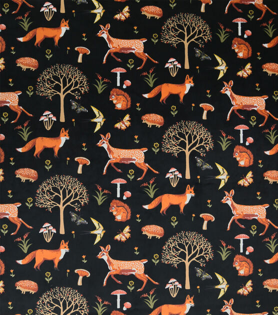 Soft & Minky Woodland Animals on Black Fleece Fabric