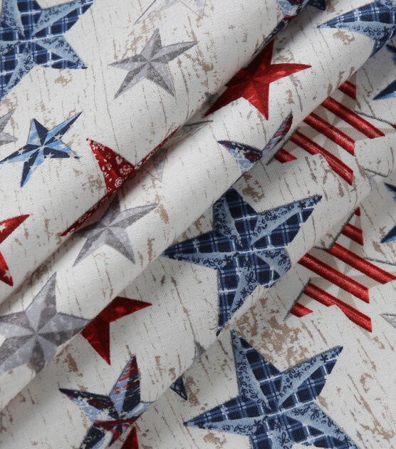 Multi Colored Stars on White Plank Patriotic Cotton Fabric, , hi-res, image 2