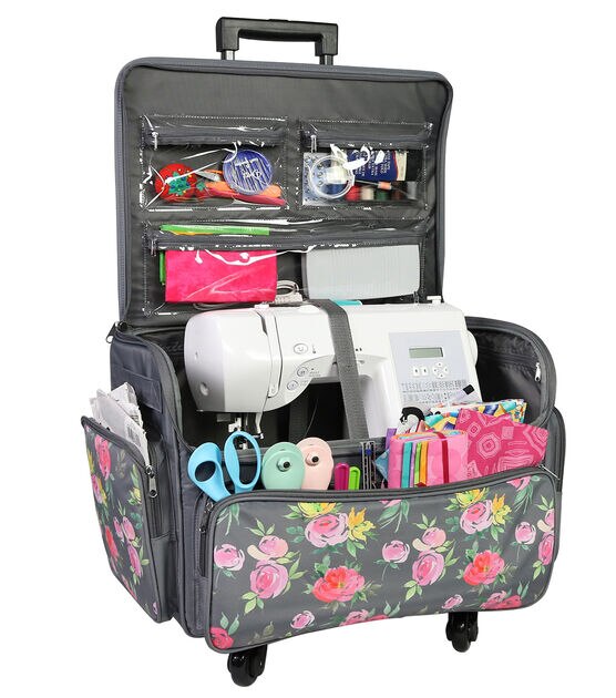 Everything Mary 21.5" Gray & Pink Floral 4 Wheel Rolling Sewing Case, , hi-res, image 2