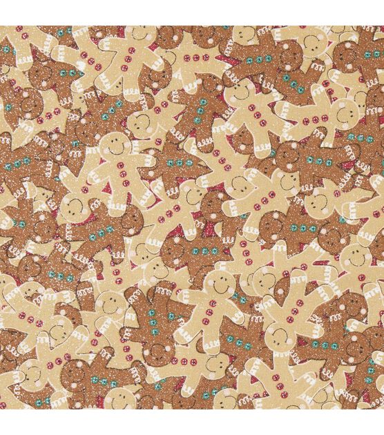 Tossed Gingerbread Christmas Glitter Cotton Fabric