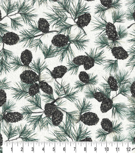 Pine & Pinecones Christmas Glitter Cotton Fabric
