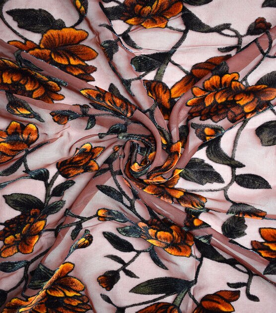 Orange Floral Velvet Burnout Fabric, , hi-res, image 6