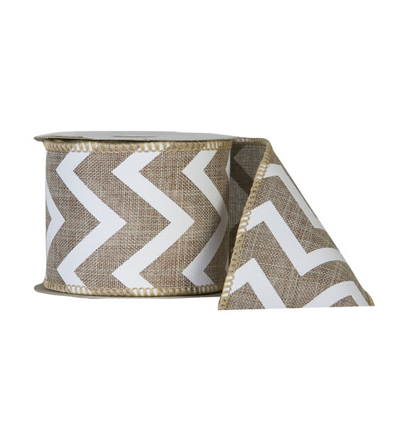 Offray 2.25"x9' Linen Chevron Wired Edge Ribbon Natural