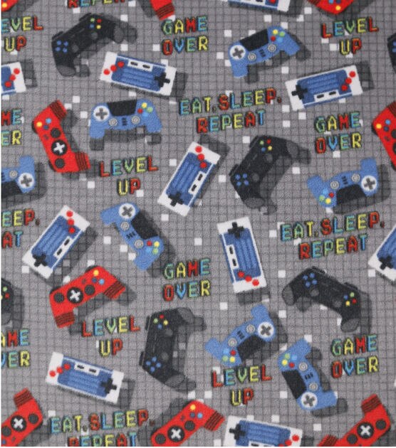 Game Over & Controllers on Gray Anti Pill Fleece Fabric, , hi-res, image 2