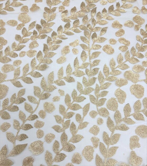 Gold Metallic Leaves Embroidered With Sequin Mesh Fabric by Sew Sweet, , hi-res, image 3