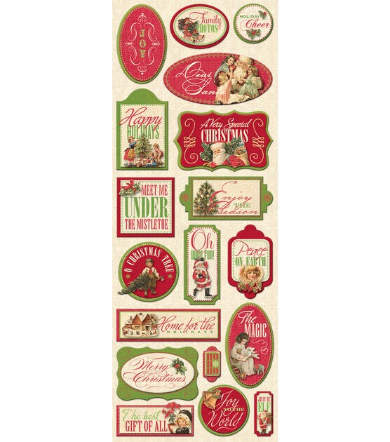 K&Company 18 pk Adhesive Chipboard Stickers Yuletide Words & Images