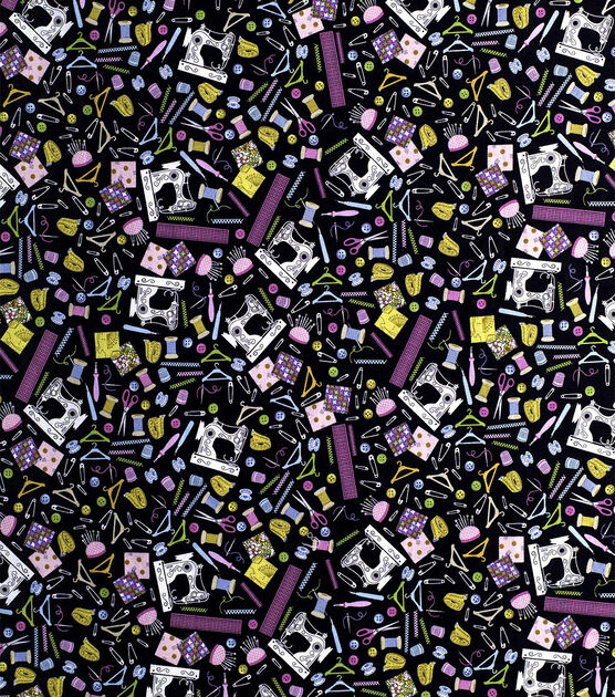 Novelty Cotton Fabric Tossed Sewing Notions Black, , hi-res, image 2
