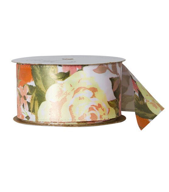 Offray 1.5"x9' Cabbage Rose Floral Single Faced Satin Wired Edge Ribbon Coral Rose