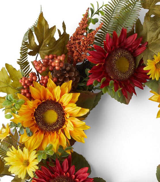 24" Fall Yellow Sunflower & Red Daisy Wreath by Bloom Room, , hi-res, image 2