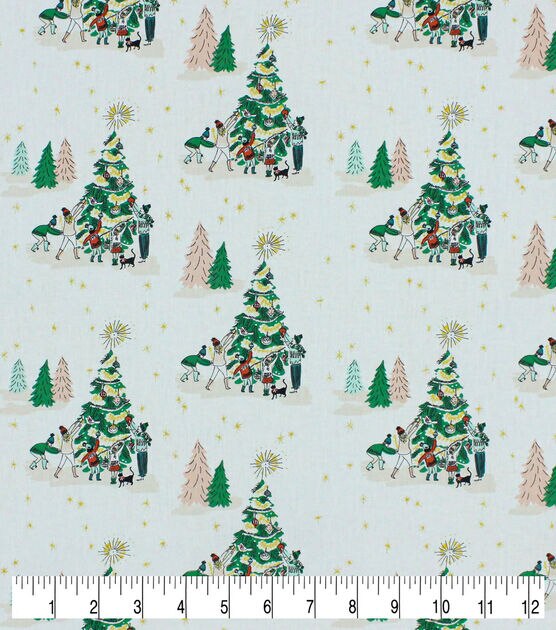 Decorating the Trees on White Christmas Metallic Cotton Fabric, , hi-res, image 3
