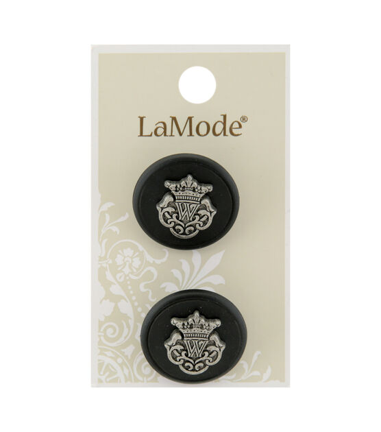 La Mode 1" Black With Silver Crest Shank Buttons 2pk