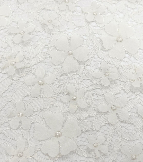 White 3D Floral On Lace Fabric by Sew Sweet, , hi-res, image 2