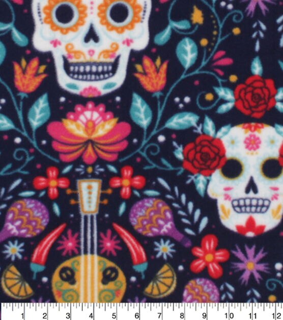 Day of the Dead Skeleton Heads & Floral Anti Pill Fleece Fabric, , hi-res, image 3