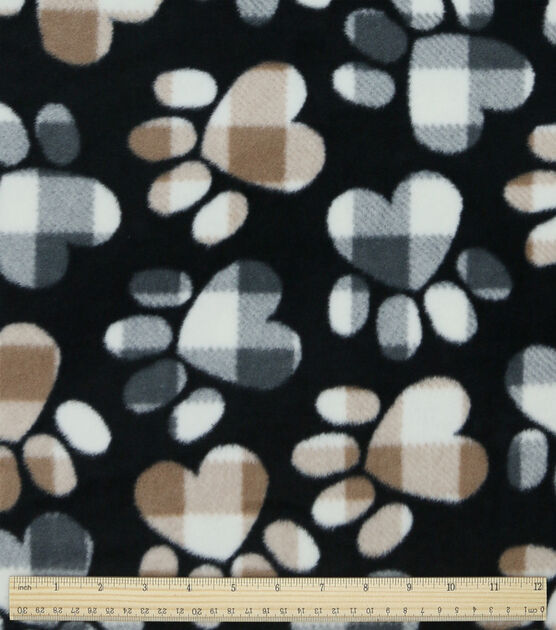 Patterned Paws on Black Anti Pill Fleece Fabric, , hi-res, image 3