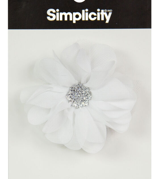 Simplicity Tulle Flower Pin & Clip with Rhinestone White