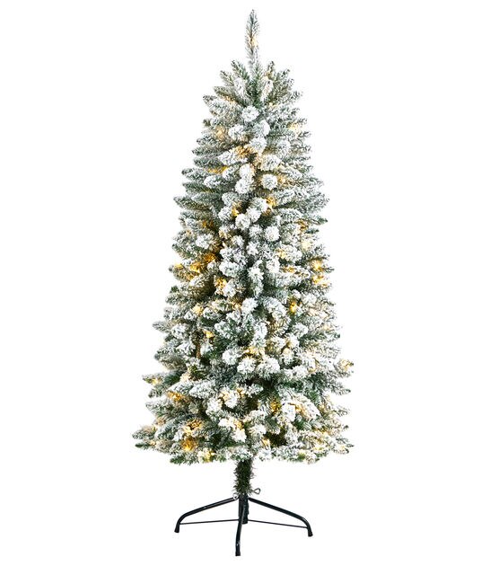 Nearly Natural 5' White Pre Lit Flocked Slim Montreal Fir Christmas Tree, , hi-res, image 1