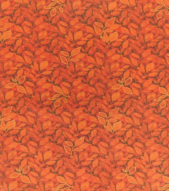 Copper Orange Leaves Fall Print Metallic Cotton Fabric