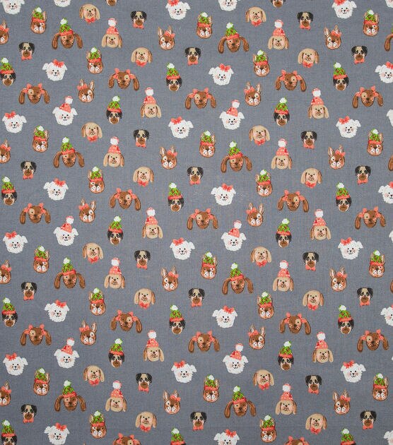 Dog Faces on Gray Christmas Cotton Fabric, , hi-res, image 2