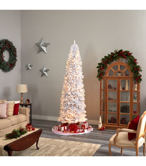 Nearly Natural 9' Warm White Pre Lit White Slim Pine Christmas Tree, , hi-res, image 8
